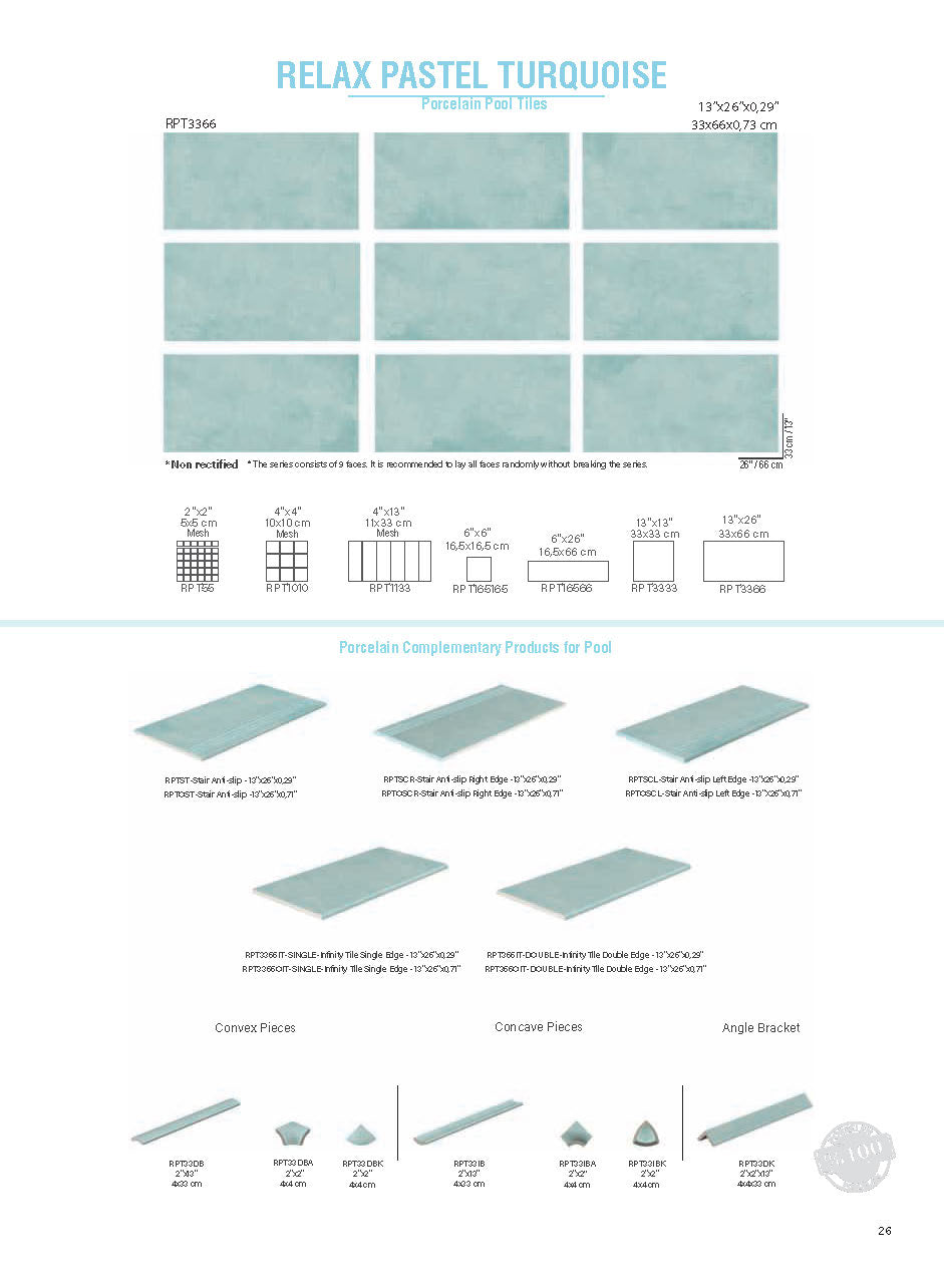 SeraPool RELAX Pastel Turquoise porcelain pool tile field series sheet showing 13x26 field tile and matching mosaics plus pool edge accessories