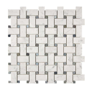 Bianco Carrara Marble Mosaic Basketweave with Blue Dots Honed