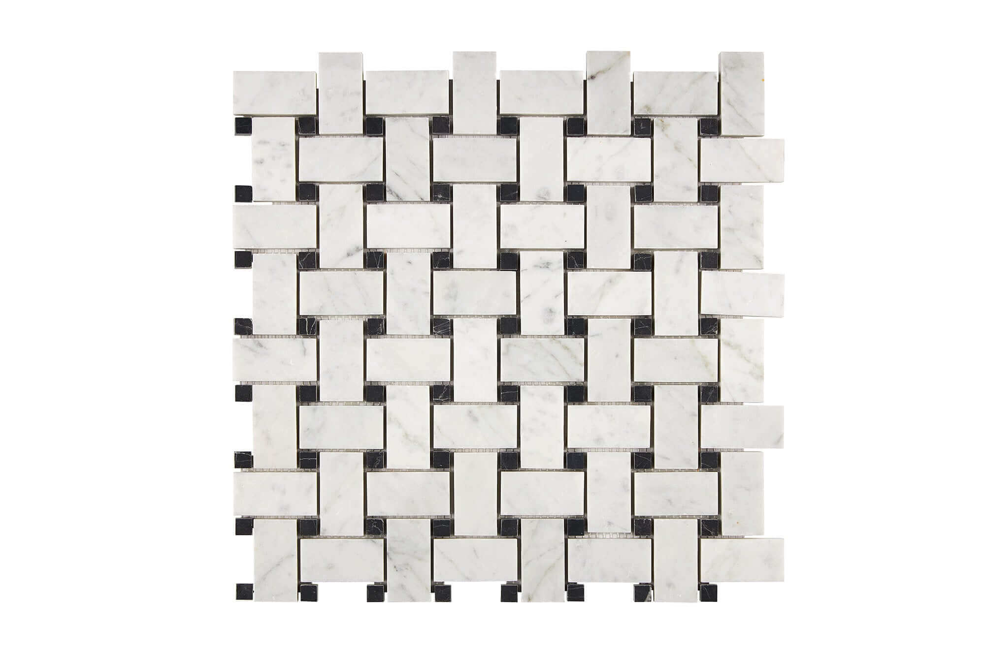 Bianco Carrara Marble Mosaic Basketweave with Black Dots Honed