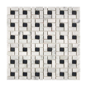 Bianco Carrara Marble Mosaic Pinwheel with Black Dots Honed