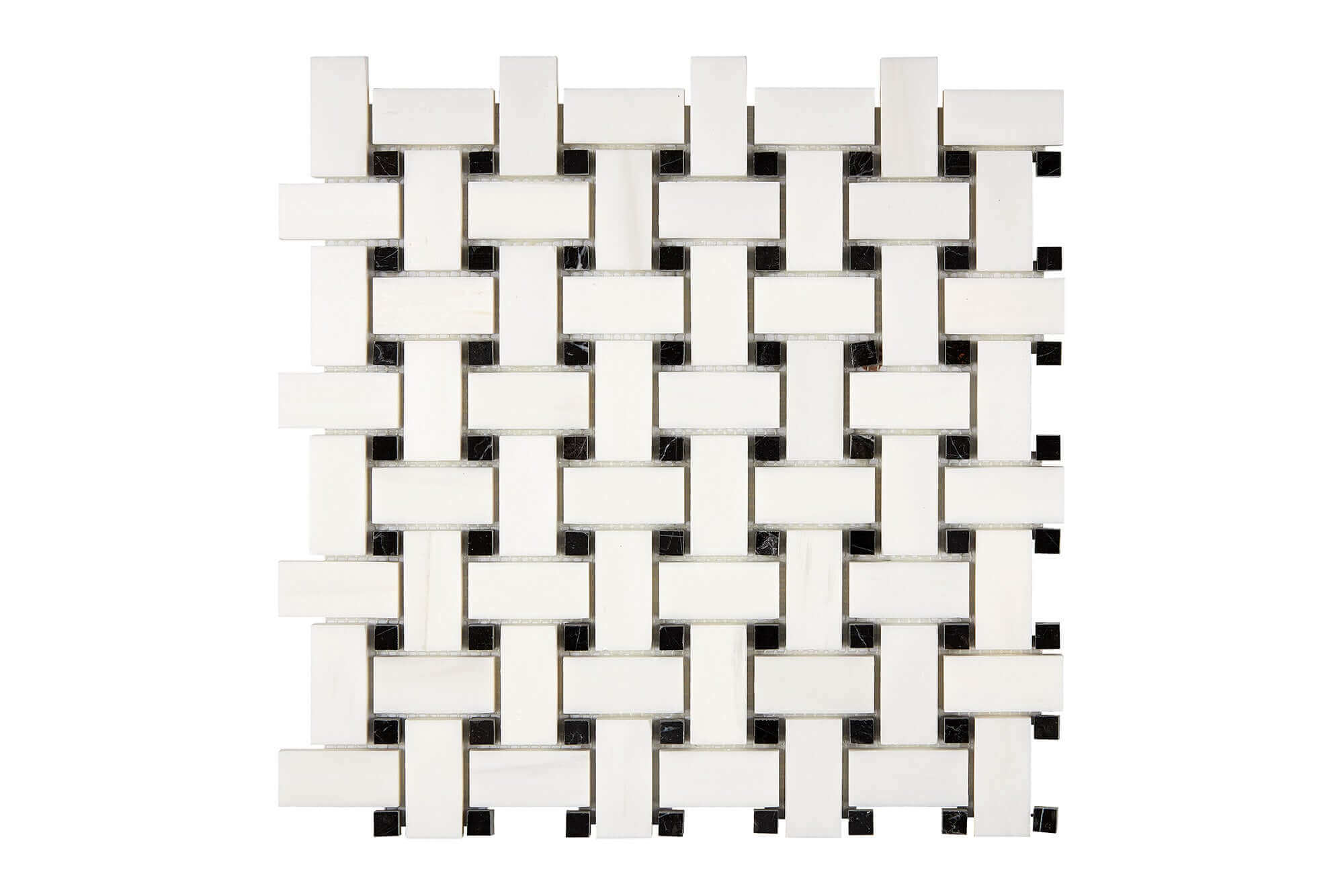 Bianco Dolomite Marble Mosaic Basketweave with Black Dots Polished