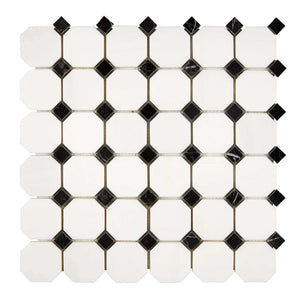 Bianco Dolomite Marble Mosaic Octagon with Black Dots Polished