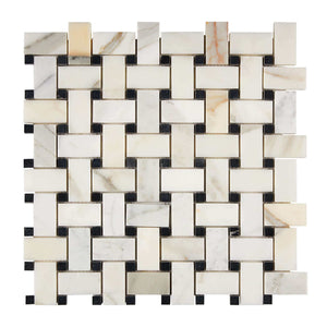 Calacatta Gold Marble Mosaic Basket Weave with Black Polished