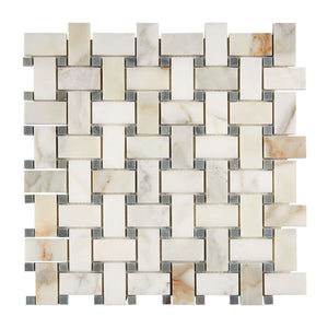 Calacatta Gold Marble Mosaic Basket Weave with Blue Polished