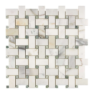 Calacatta Gold Marble Basketweave with Green dots Polished
