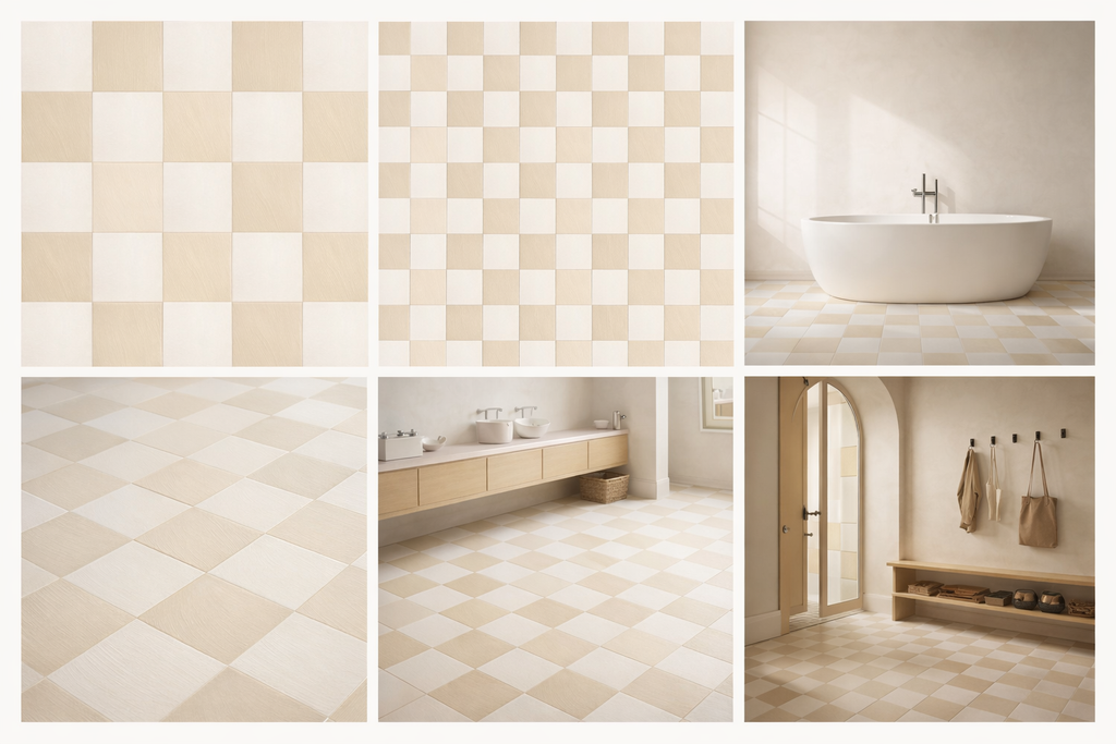 Chalk Wash + Nomad Dune checkerboard floor tile, troweled plaster-look porcelain, matte finish, seamless no-grout appearance, warm hospitality interior