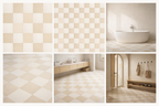 Chalk Wash + Nomad Dune checkerboard floor tile, troweled plaster-look porcelain, matte finish, seamless no-grout appearance, warm hospitality interior