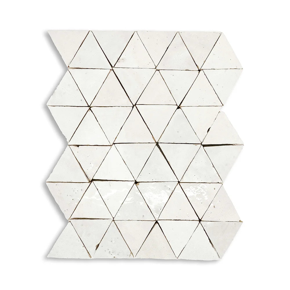 Facet Triangle zellige mosaic glossy handmade terracotta triangle mosaic sheet, studio view