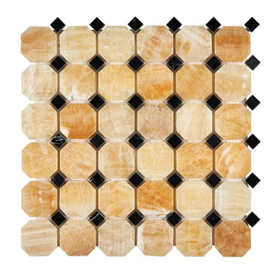 Honey Onyx Mosaic Octagon with Black dots Polished