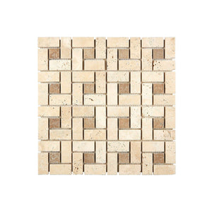 Ivory Travertine Mosaic Large Pinwheel with Noce Dots Tumbled