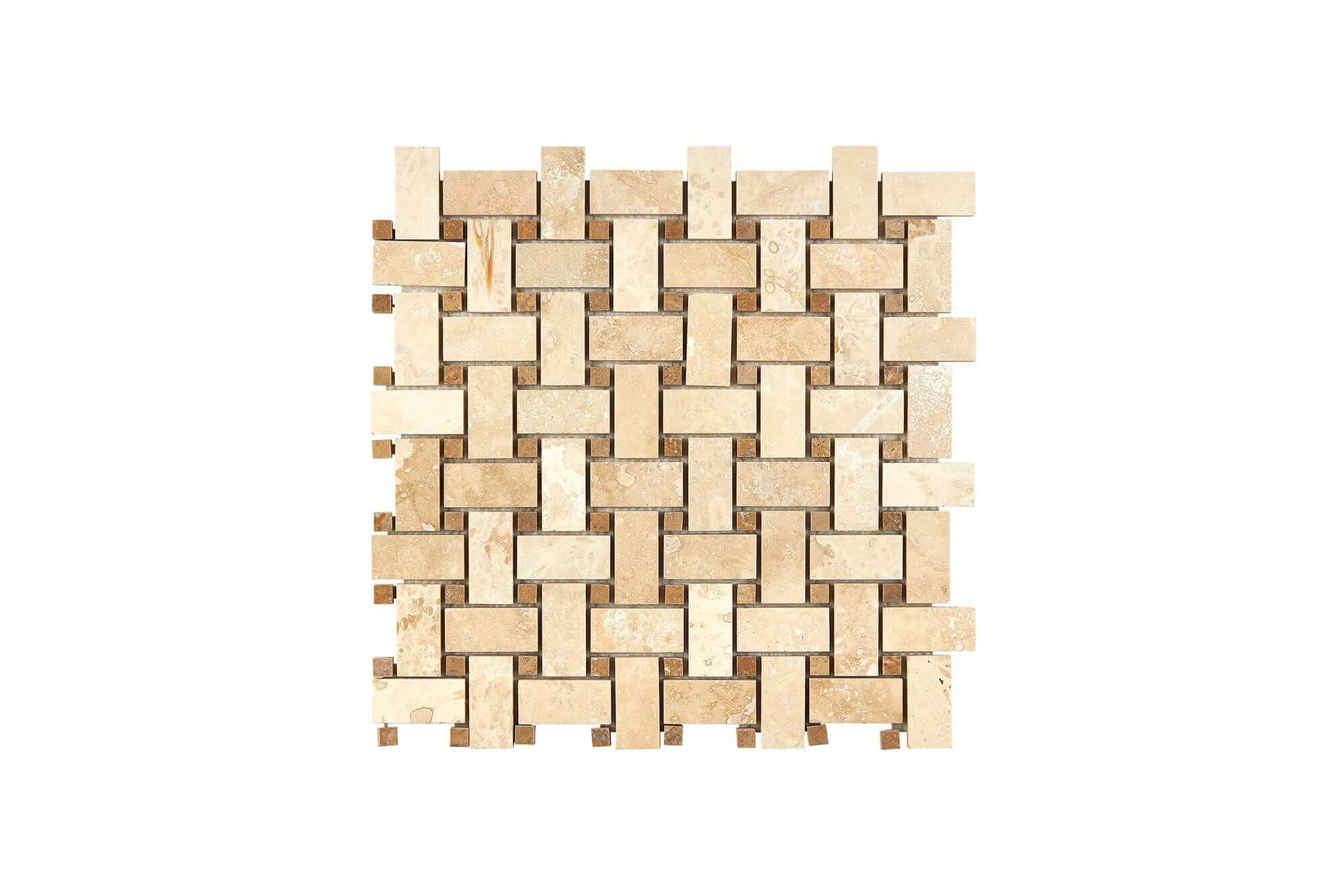 Ivory Travertine Mosaic Basketweave with Noce Dots Honed