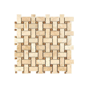 Ivory Travertine Mosaic Basketweave with Noce Dots Honed