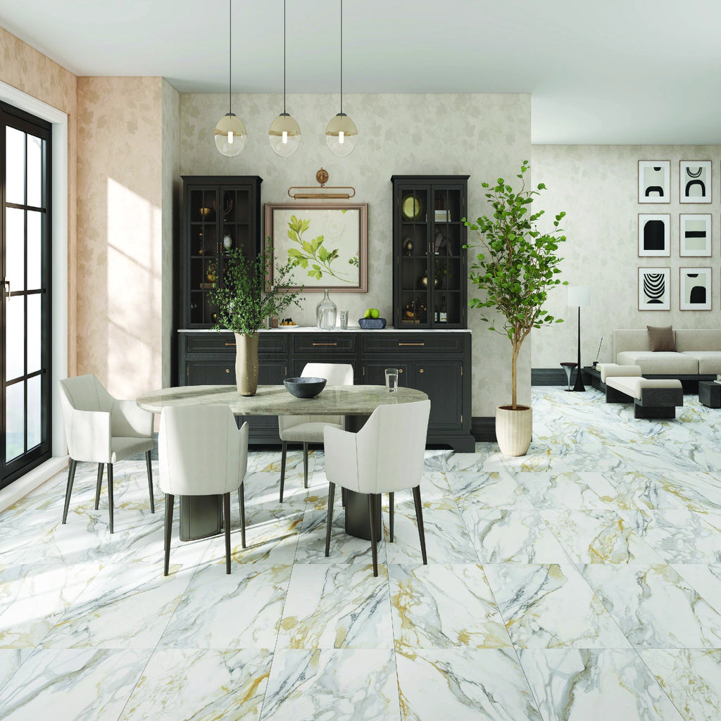 Linea Relivio Porcelain Bold Calacatta marble look with refined visual movement