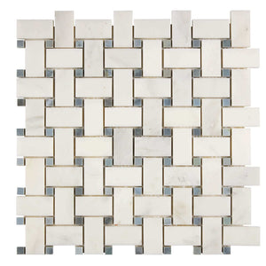 Oriental White Marble Mosaic Basketweave with Blue dots Polished