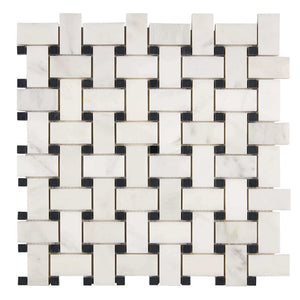 Oriental White Marble Mosaic Basketweave with Black dots Polished
