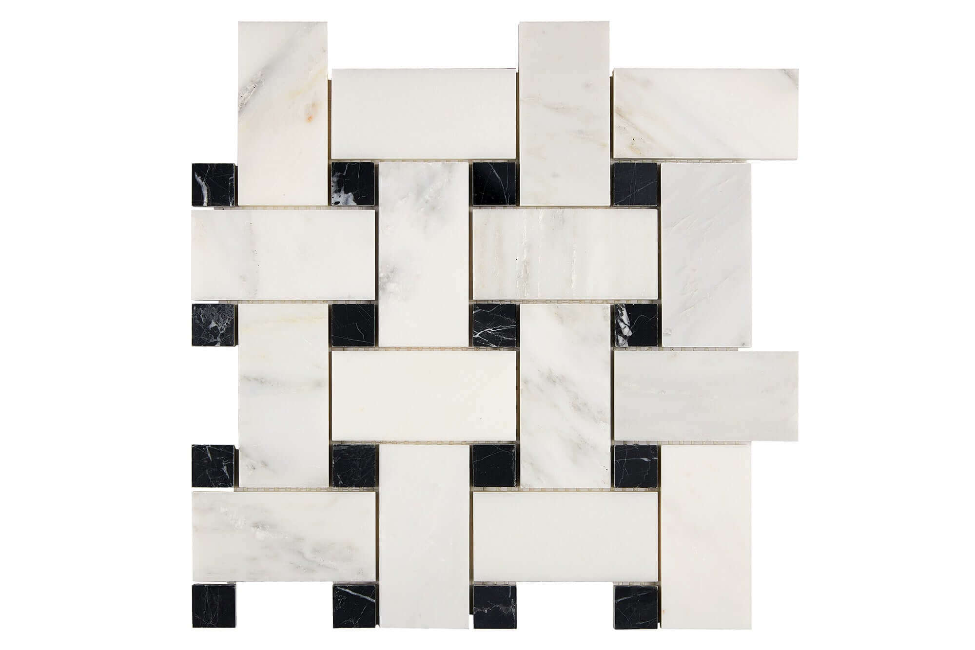 Oriental White Marble Mosaic Large Basketweave Black Polished