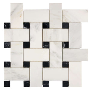Oriental White Marble Mosaic Large Basketweave Black Polished
