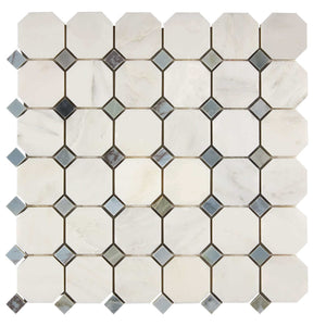 Oriental White Marble Octagon Mosaic with Blue Dots Polished