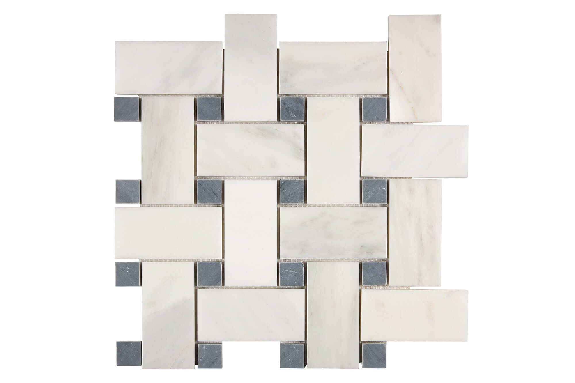 Oriental White Marble Mosaic Large Basketweave Blue Polished