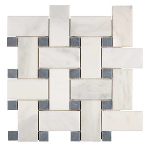 Oriental White Marble Mosaic Large Basketweave Blue Polished