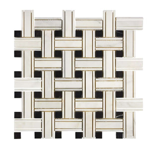 Oriental White Marble Mosaic Triple Weave Black Honed