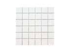 White square porcelain pool tiles arranged in a grid pattern on a white background