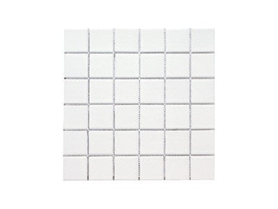 White square porcelain pool tiles arranged in a grid pattern on a white background