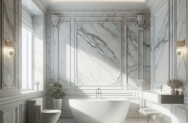 Luxurious bathroom with marble walls, a freestanding bathtub, and decorative elements.