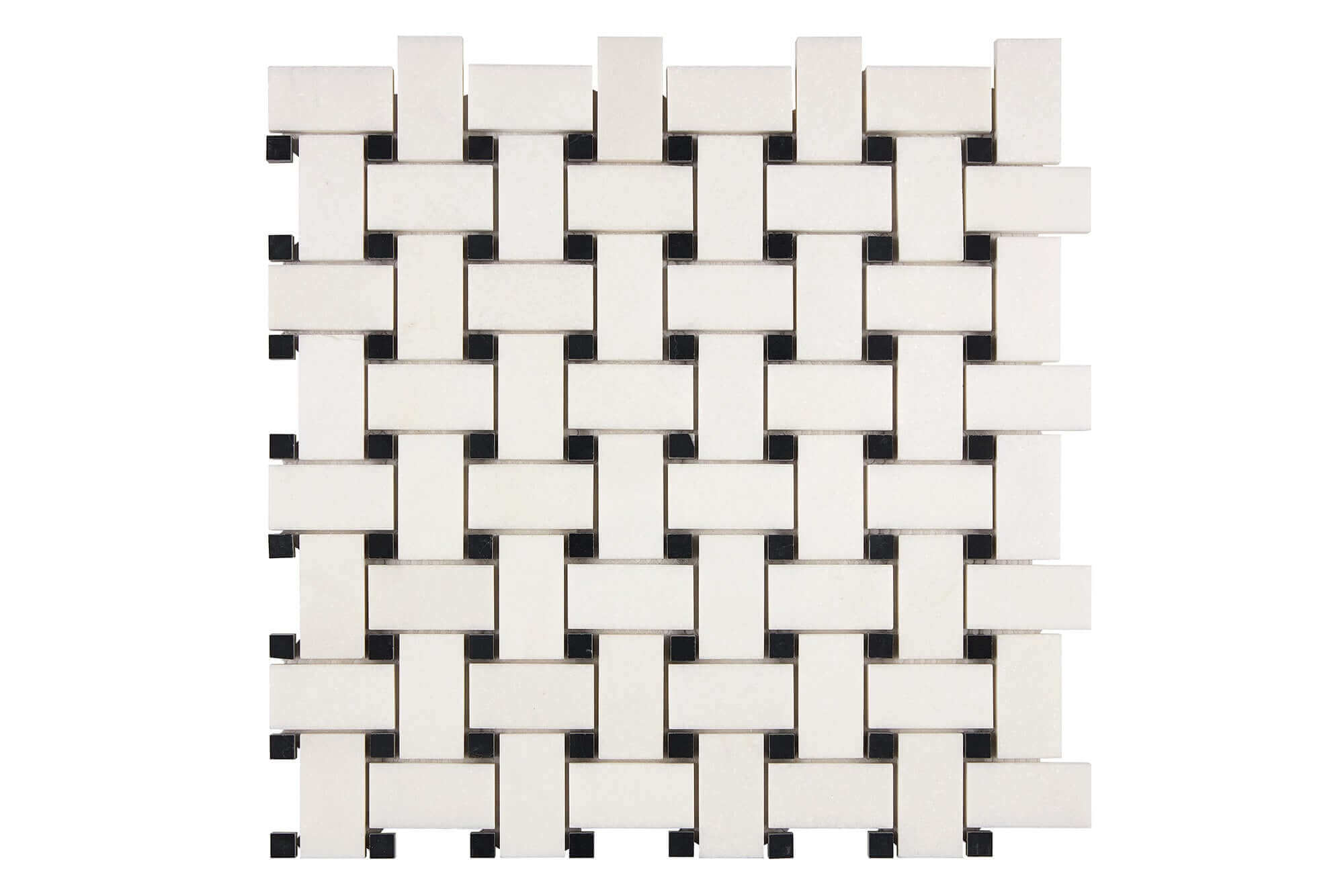 Thassos White Marble Mosaic Basketweave with Black dots Honed