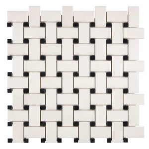 Thassos White Marble Mosaic Basketweave with Black dots Honed