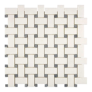 Thassos White Marble Mosaic Basketweave with Blue dots Polished