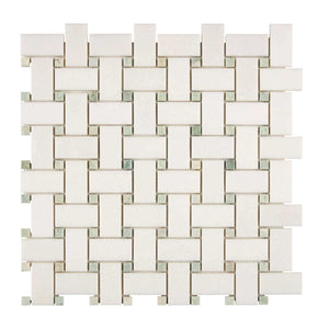 Thassos White Marble Mosaic Basketweave with Blue dots Honed