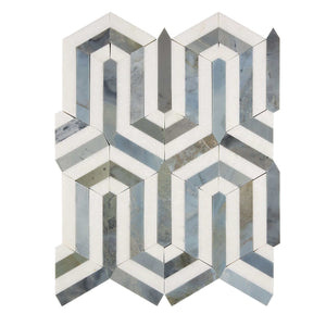 Thassos White Marble Mosaic Berlinetta with Blue Stripes Honed