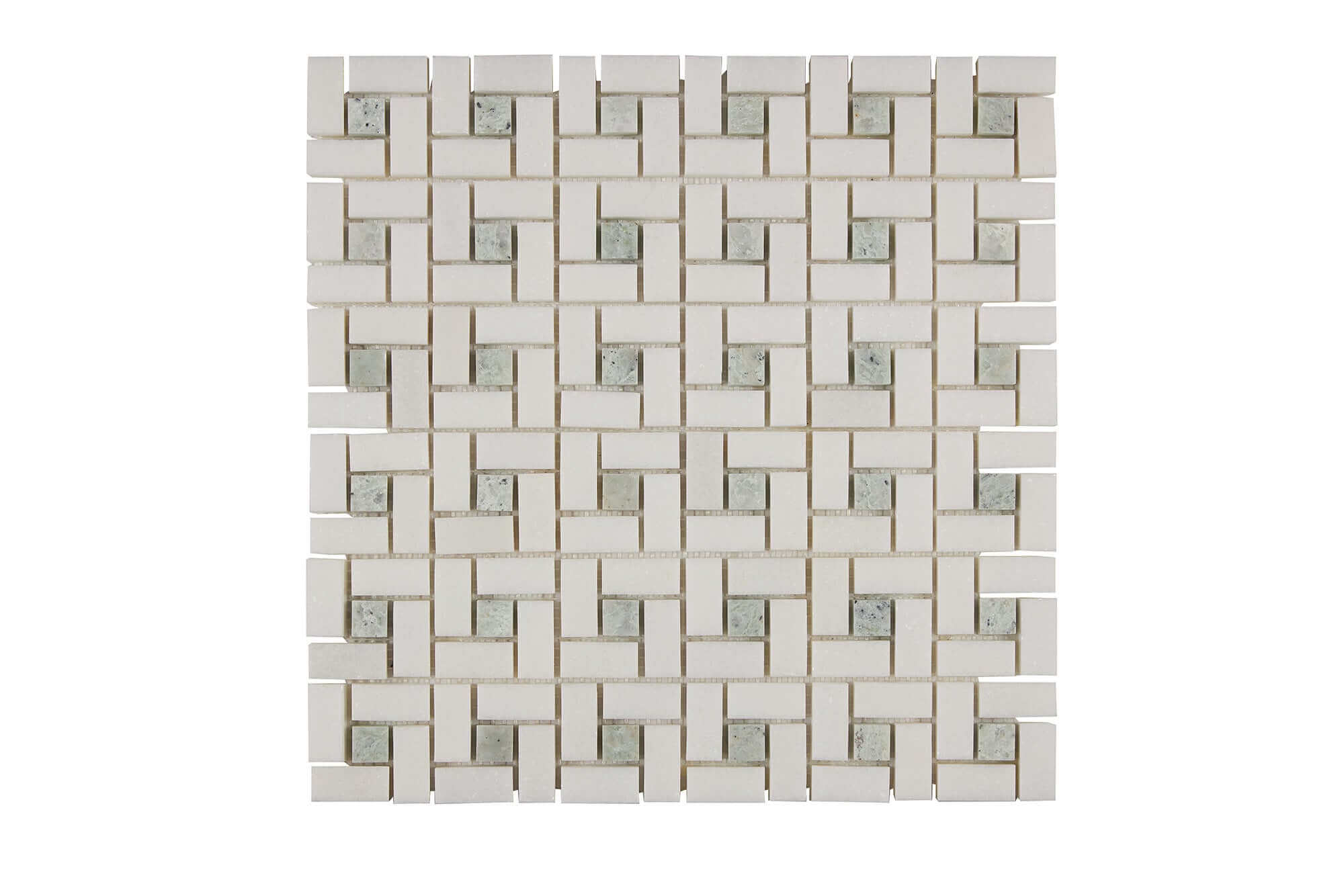 Thassos White Marble Mosaic Pinwheel with Green dots Honed