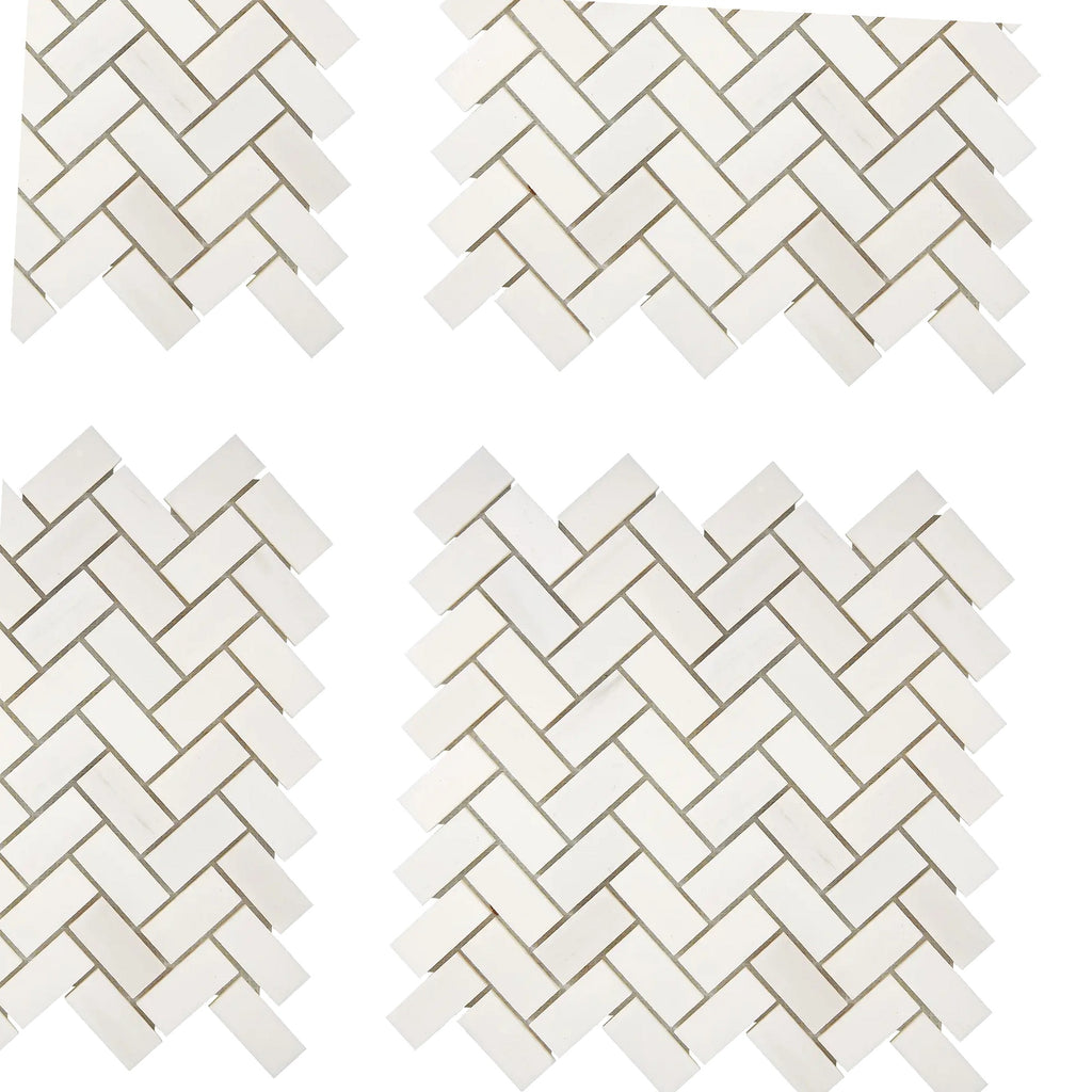 Aria Bianco Dolomite 1x2 herringbone marble mosaic shown as a repeating pattern with light grout for a clean, classic look.