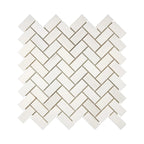 Aria Bianco Dolomite marble mosaic 1x2 herringbone, square studio image of a mounted sheet with subtle veining and soft tone variation.