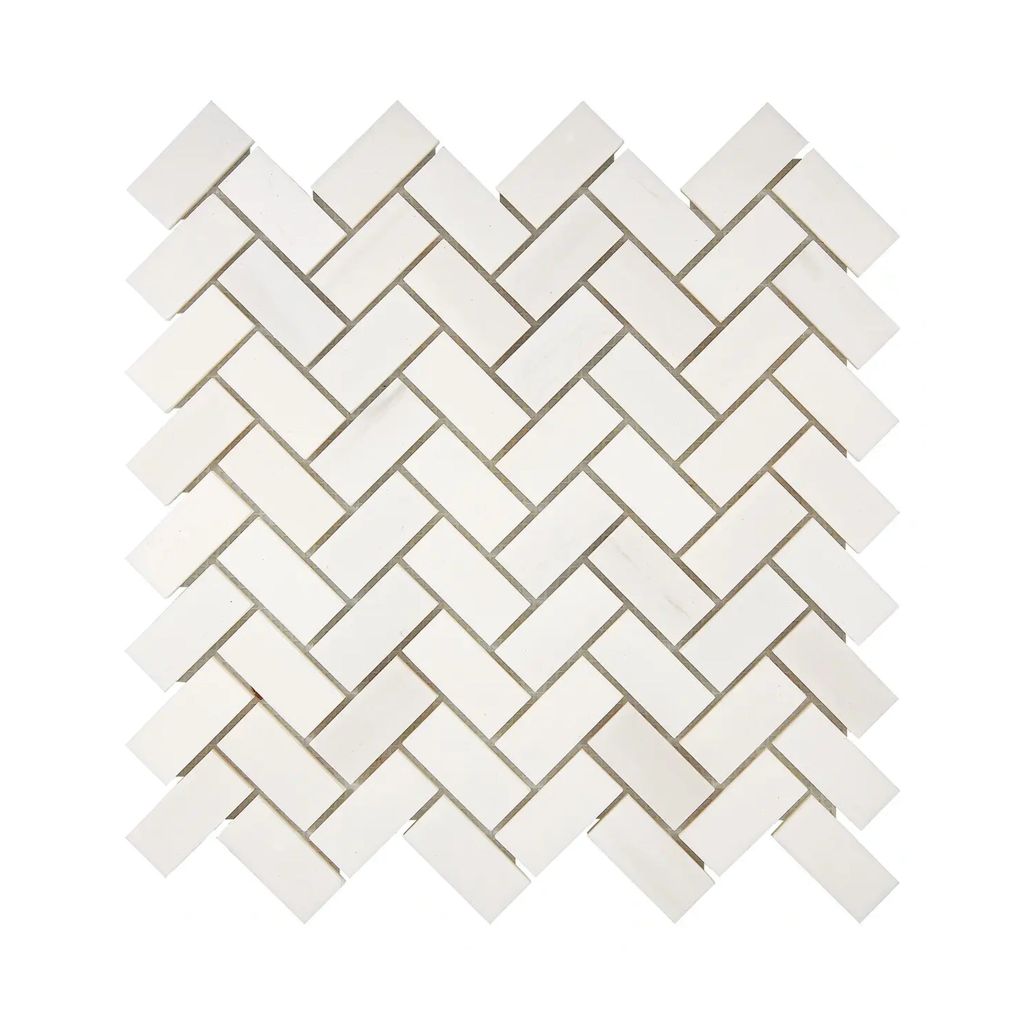 Aria Bianco Dolomite marble mosaic 1x2 herringbone, square studio image of a mounted sheet with subtle veining and soft tone variation.