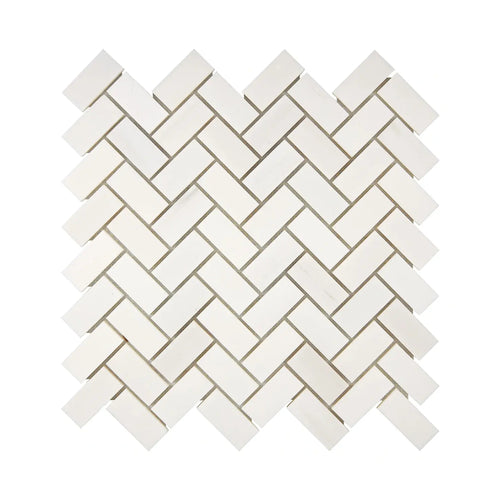 Aria Bianco Dolomite marble mosaic 1x2 herringbone, square studio image of a mounted sheet with subtle veining and soft tone variation.
