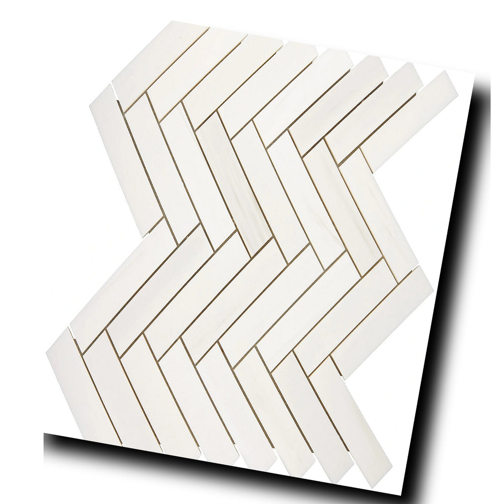 Angled view of Aria Bianco Dolomite 1x4 herringbone mosaic sheet highlighting the pattern and soft natural veining.