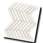 Angled view of Aria Bianco Dolomite 1x4 herringbone mosaic sheet highlighting the pattern and soft natural veining.