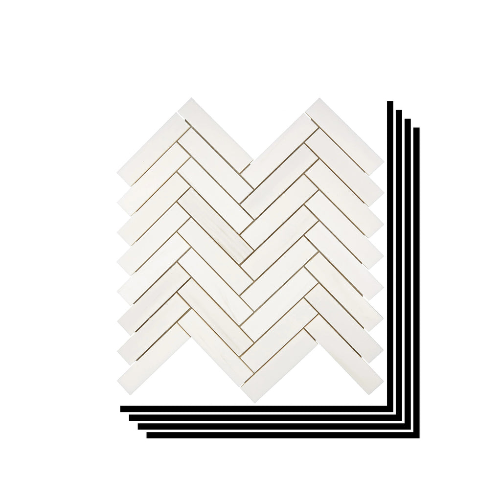 Stacked Aria Bianco Dolomite 1x4 herringbone marble mosaic sheets showing consistent color range and natural variation.