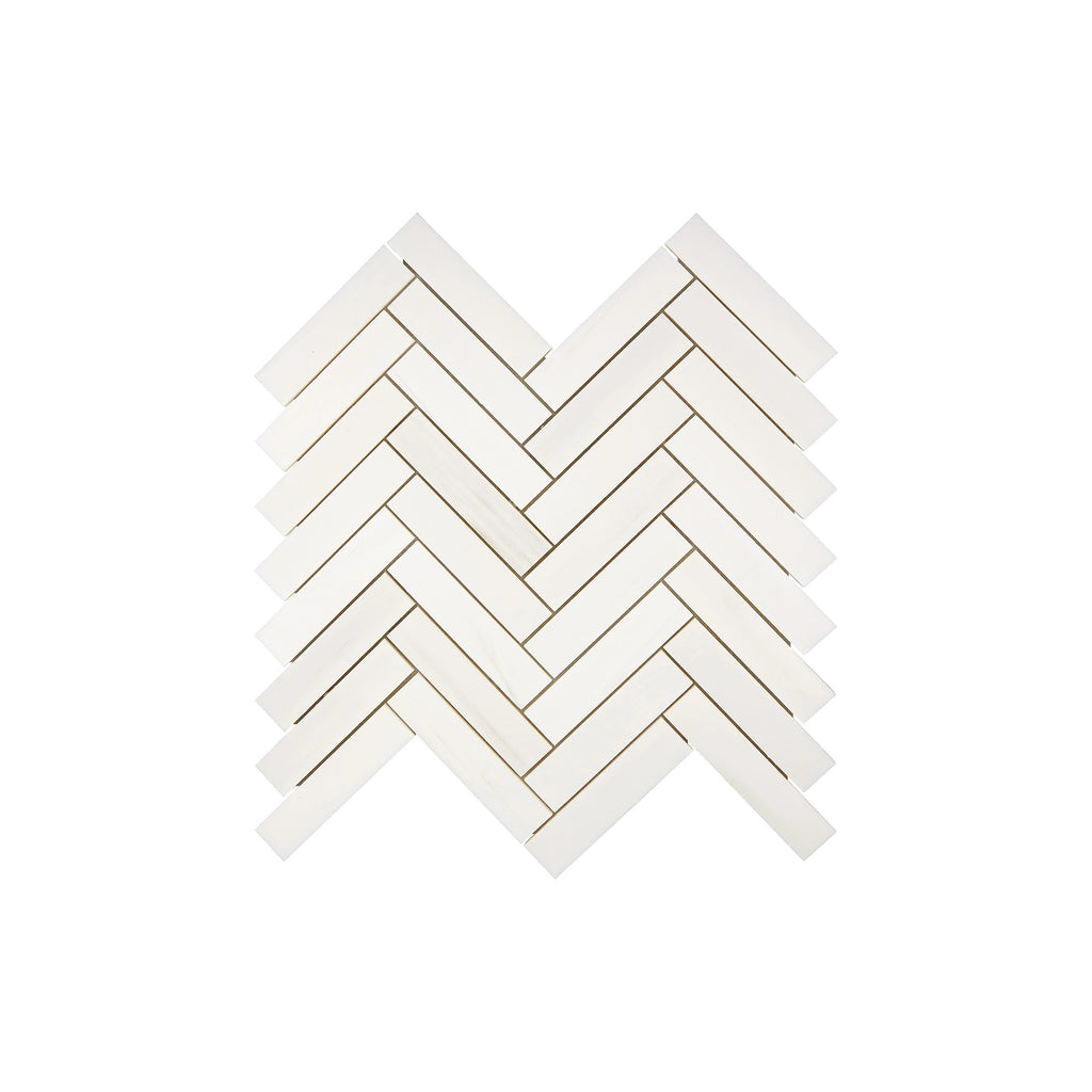 Aria Bianco Dolomite marble mosaic 1x4 herringbone, square studio image of a mounted sheet with subtle veining and soft tone variation.