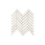 Aria Bianco Dolomite marble mosaic 1x4 herringbone, square studio image of a mounted sheet with subtle veining and soft tone variation.