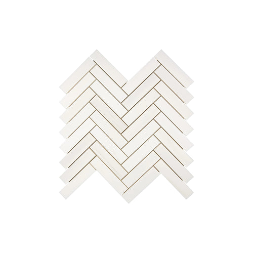 Aria Bianco Dolomite marble mosaic 1x4 herringbone, square studio image of a mounted sheet with subtle veining and soft tone variation.