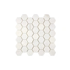 Aria Bianco Dolomite marble mosaic 2-inch hexagon, square studio image of a mounted sheet with subtle veining and tone variation.