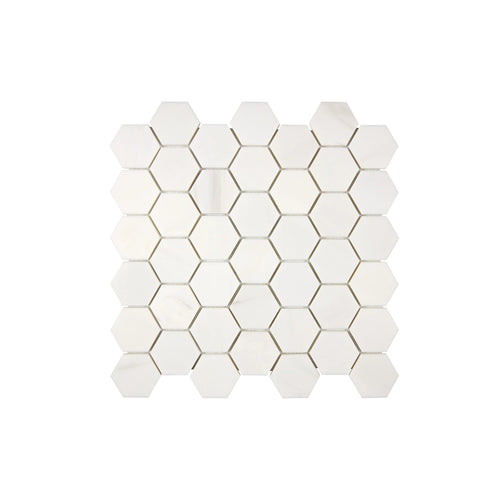 Aria Bianco Dolomite marble mosaic 2-inch hexagon, square studio image of a mounted sheet with subtle veining and tone variation.