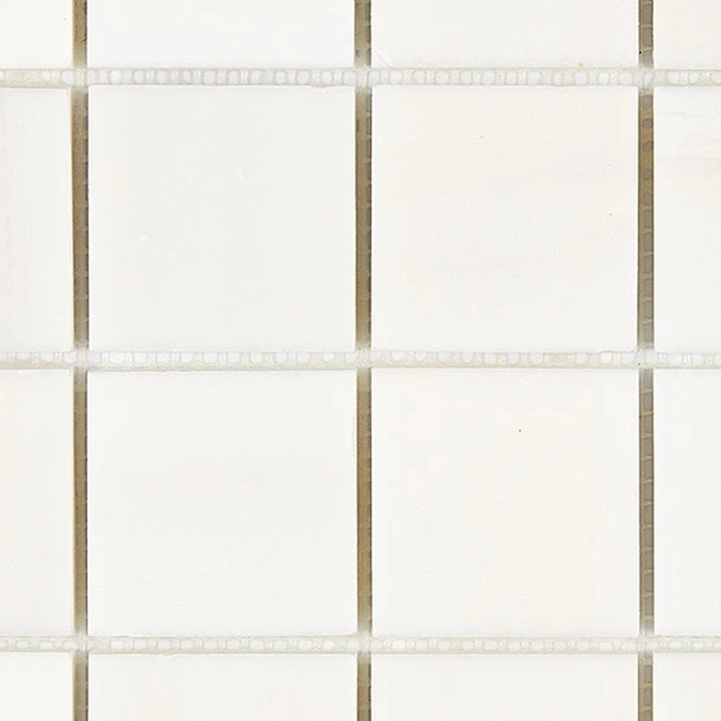 Close-up of Bianco Dolomite 2x2 marble mosaic showing tile edges, grout spacing, and natural stone variation.