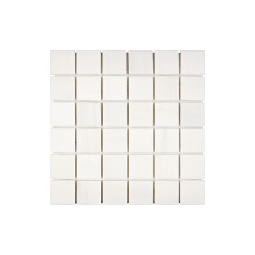 Aria Bianco Dolomite marble mosaic 2x2, square studio image of a mounted sheet with subtle veining and soft tone variation.