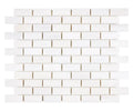 Aria Bianco Dolomite marble mosaic 1x2 brick, studio image of a mounted sheet showing subtle natural veining and soft tone variation.