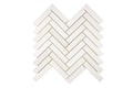 Aria Bianco Dolomite marble mosaic 1x4 herringbone, studio image of a mounted sheet showing subtle natural veining and soft tone variation.